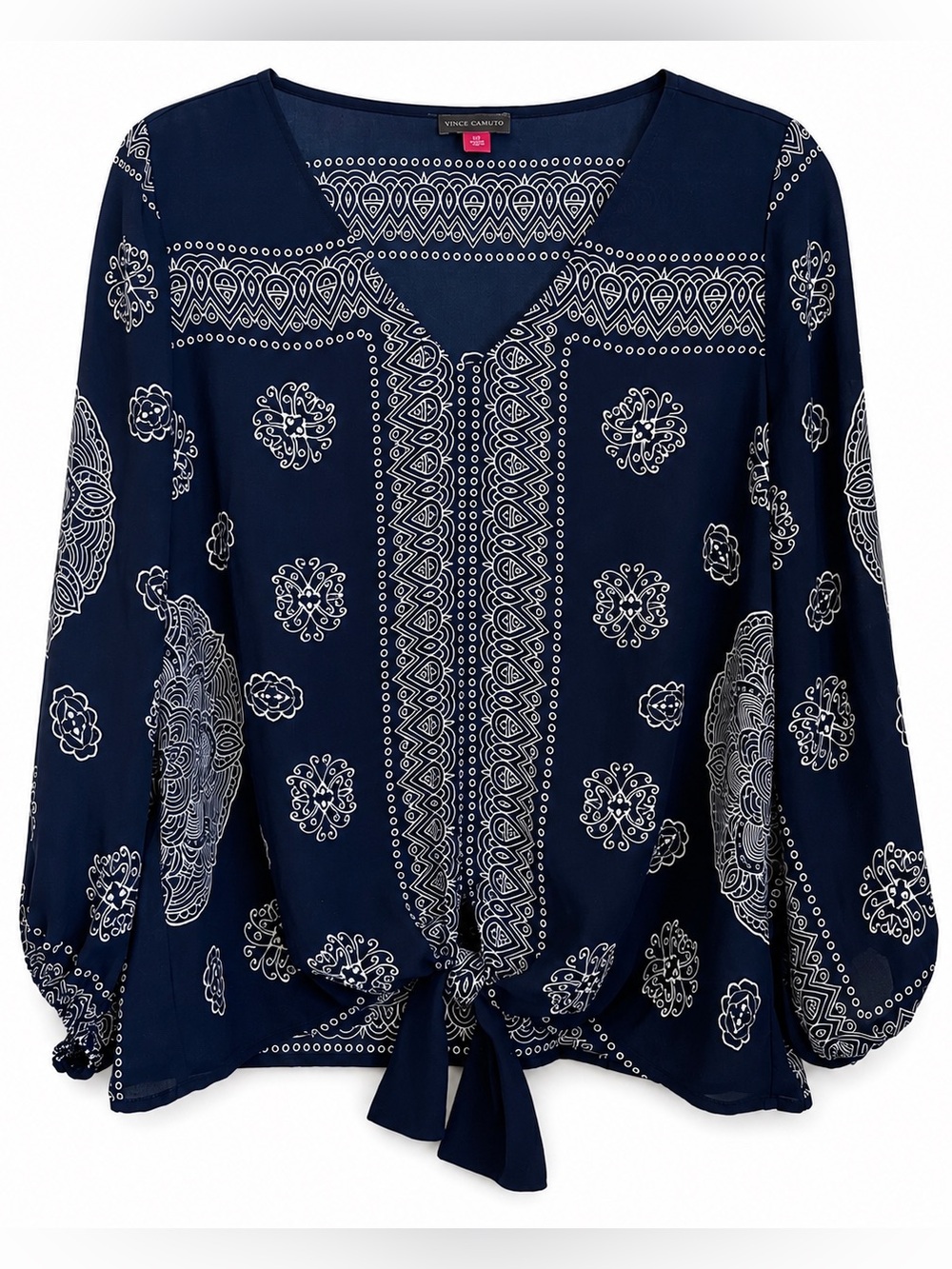 Vince Camuto Tie-Hem V-Neck Blouse Navy and White Bandana-Print Boho Coastal M